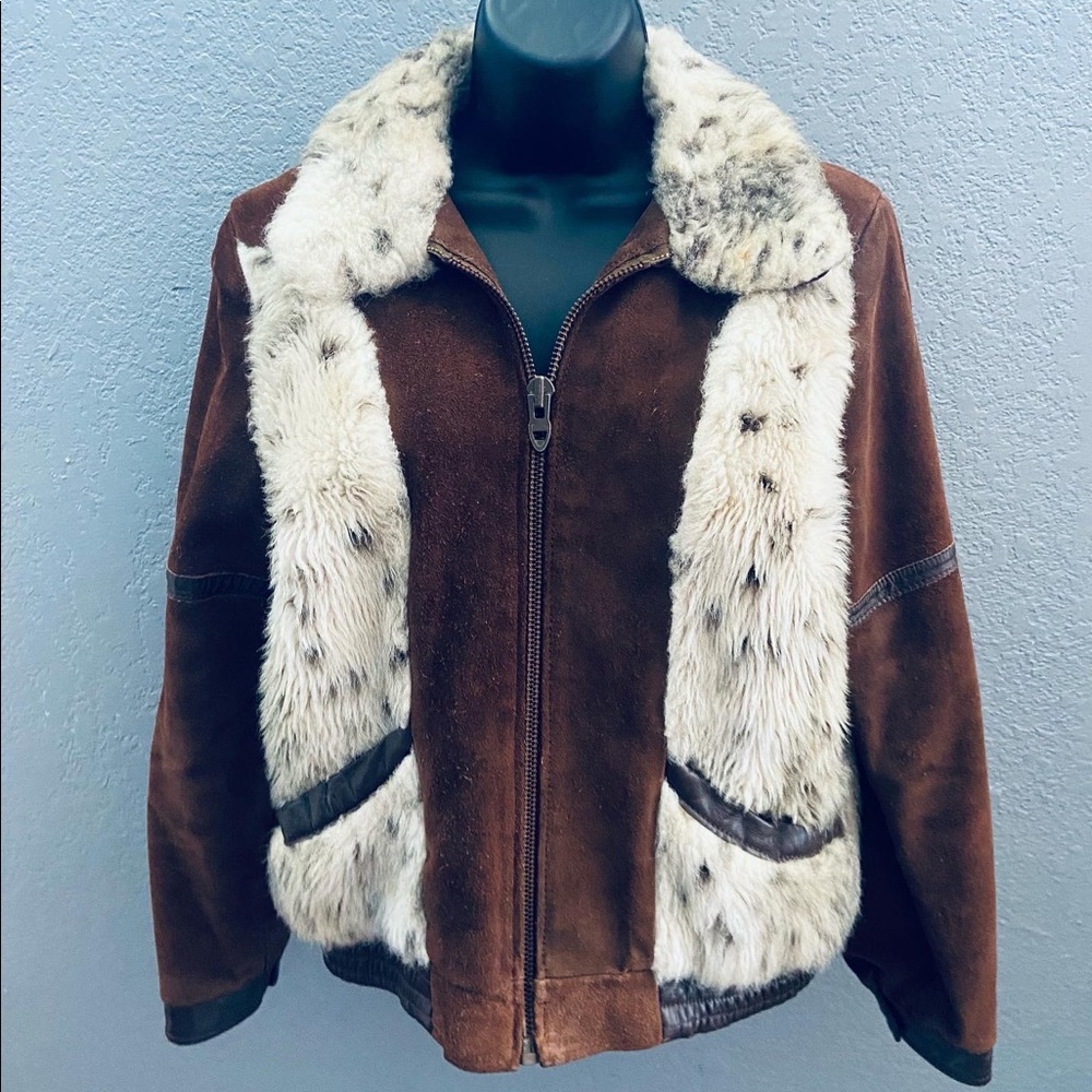 ms pioneer vintage suede leather jacket w/ faux fur - size 12
